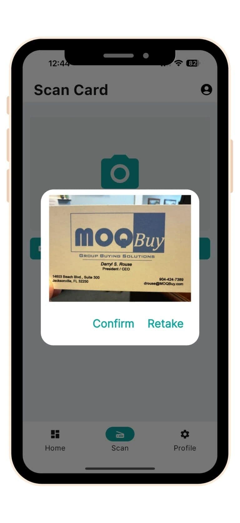 App screen preview for scanned business card