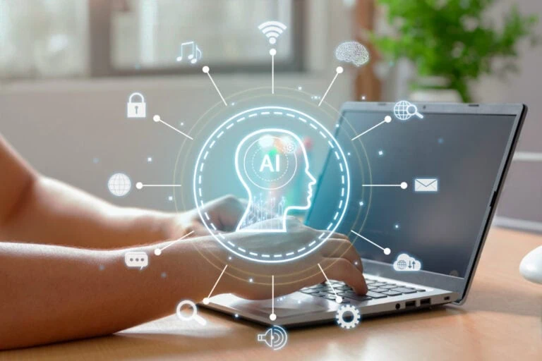 laptop in background with AI brain depicting intelligence